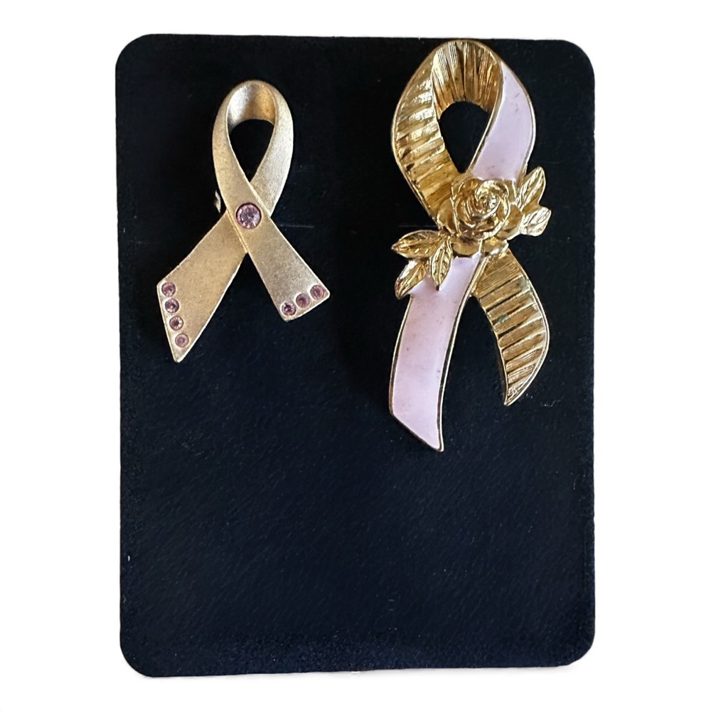 Two vtg Avon Gold Tone and Pink Enamel Breast Cancer Awareness Ribbon Pin Set